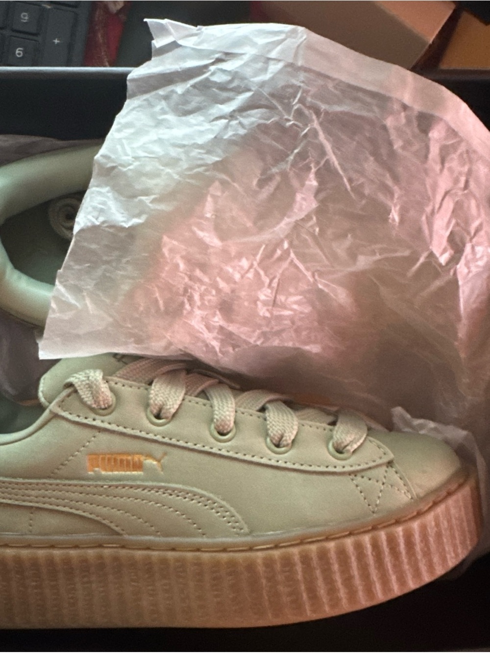 Puma Kids Mint Green Low-Top Sneaker with Gold Logo Brans New! - Picture 3 of 15